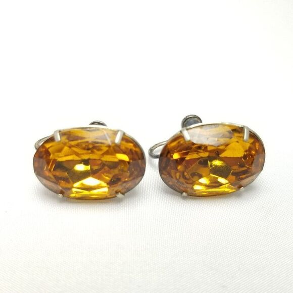 Vintage Sterling Silver Orange Oval Rhinestone Clip On Screw Back Earrings - Picture 8 of 8